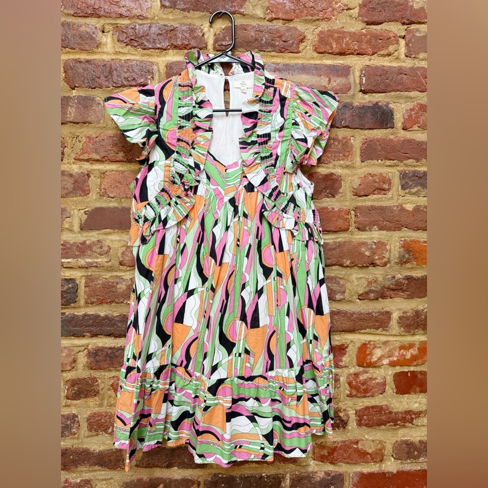 Entro Colorful Retro Print Dress with Ruffle Neck and Sleeves